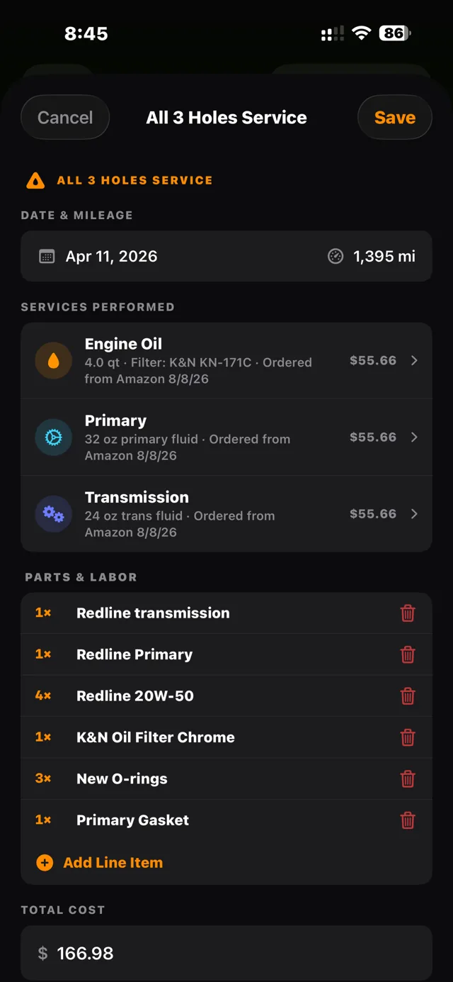 All 3 Holes: engine oil, primary, and transmission logged as one service
