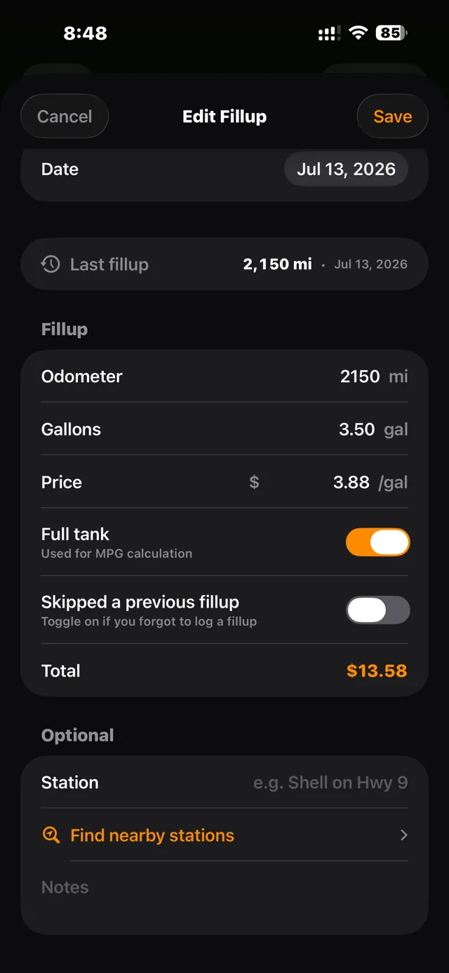 Logging a fill-up with full-tank toggle