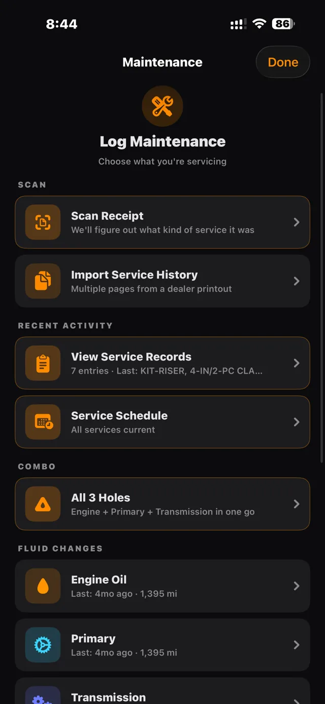 Log Maintenance: Scan Receipt and Import Service History, one tap each