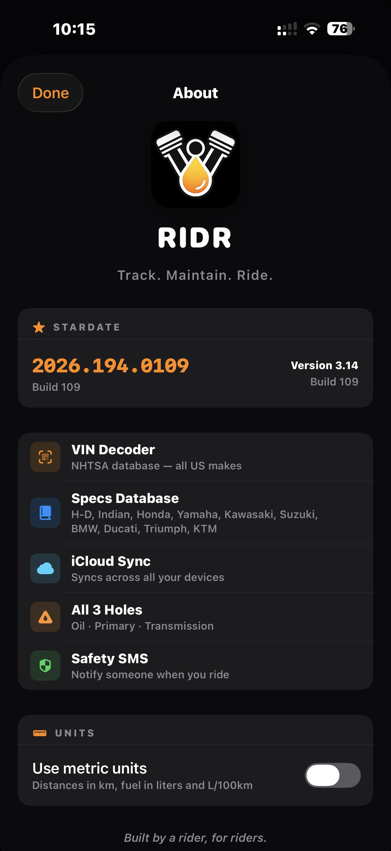 About RIDR: VIN decoder, specs database, iCloud sync, All 3 Holes, Safety SMS
