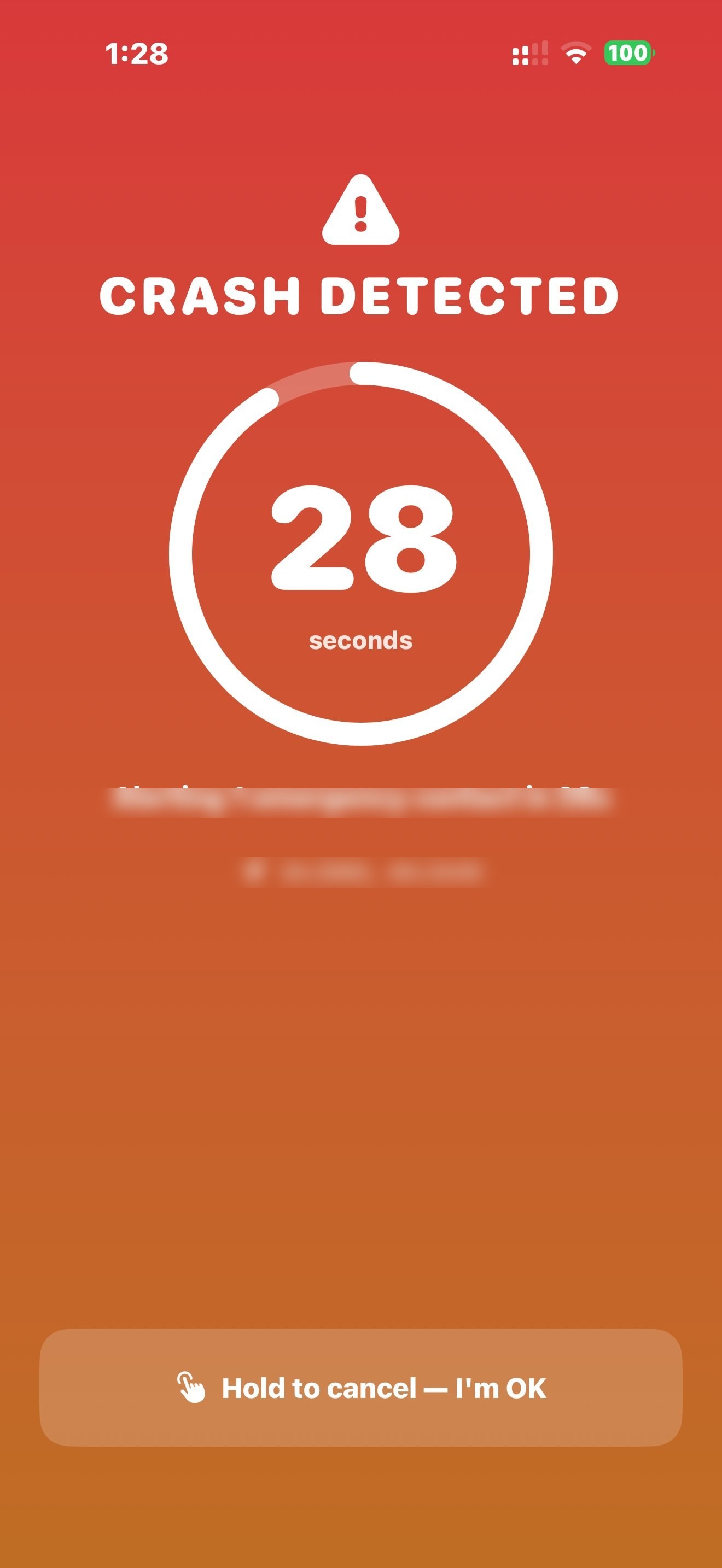 Crash Detected: full-screen countdown with hold-to-cancel