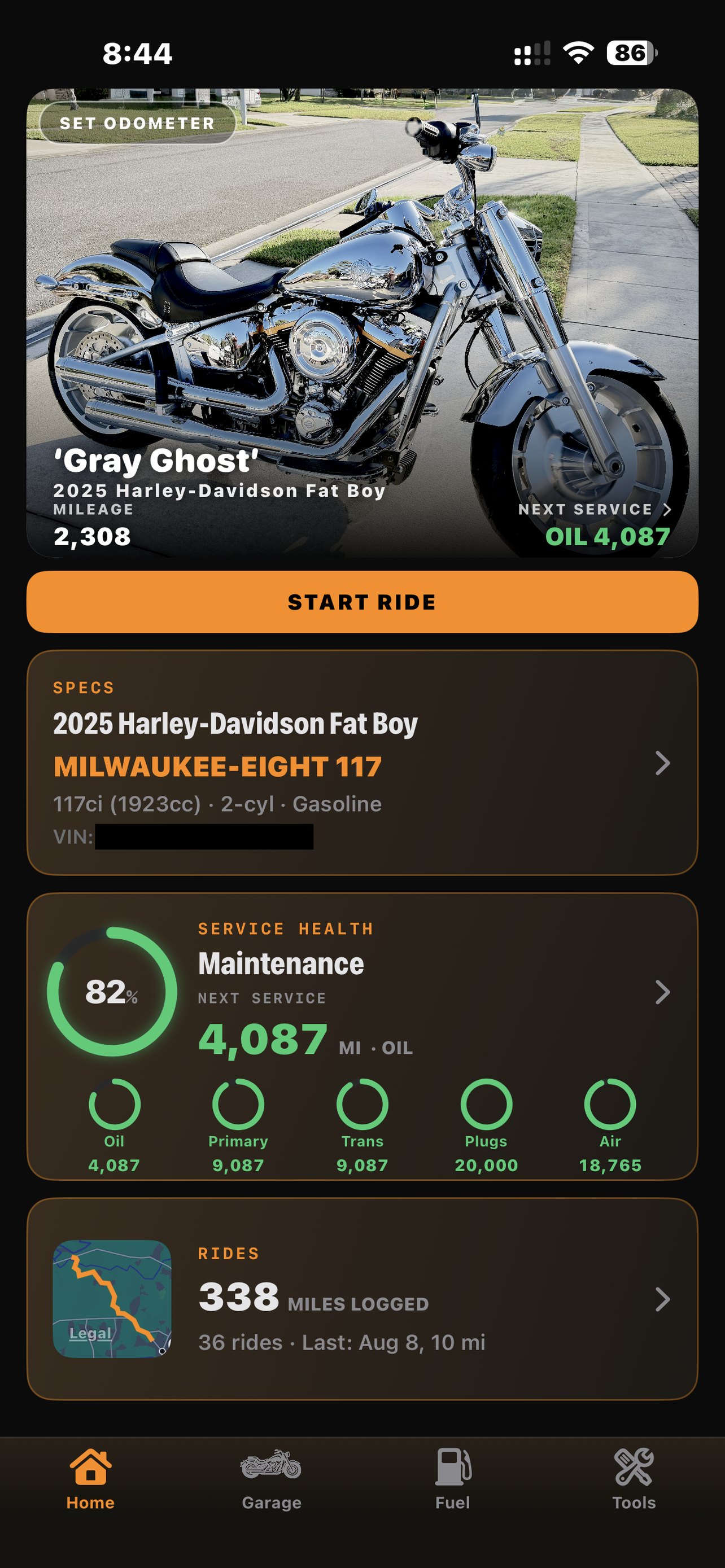 RIDR dashboard with the service health ring at 80 percent and per-item mileage countdowns
