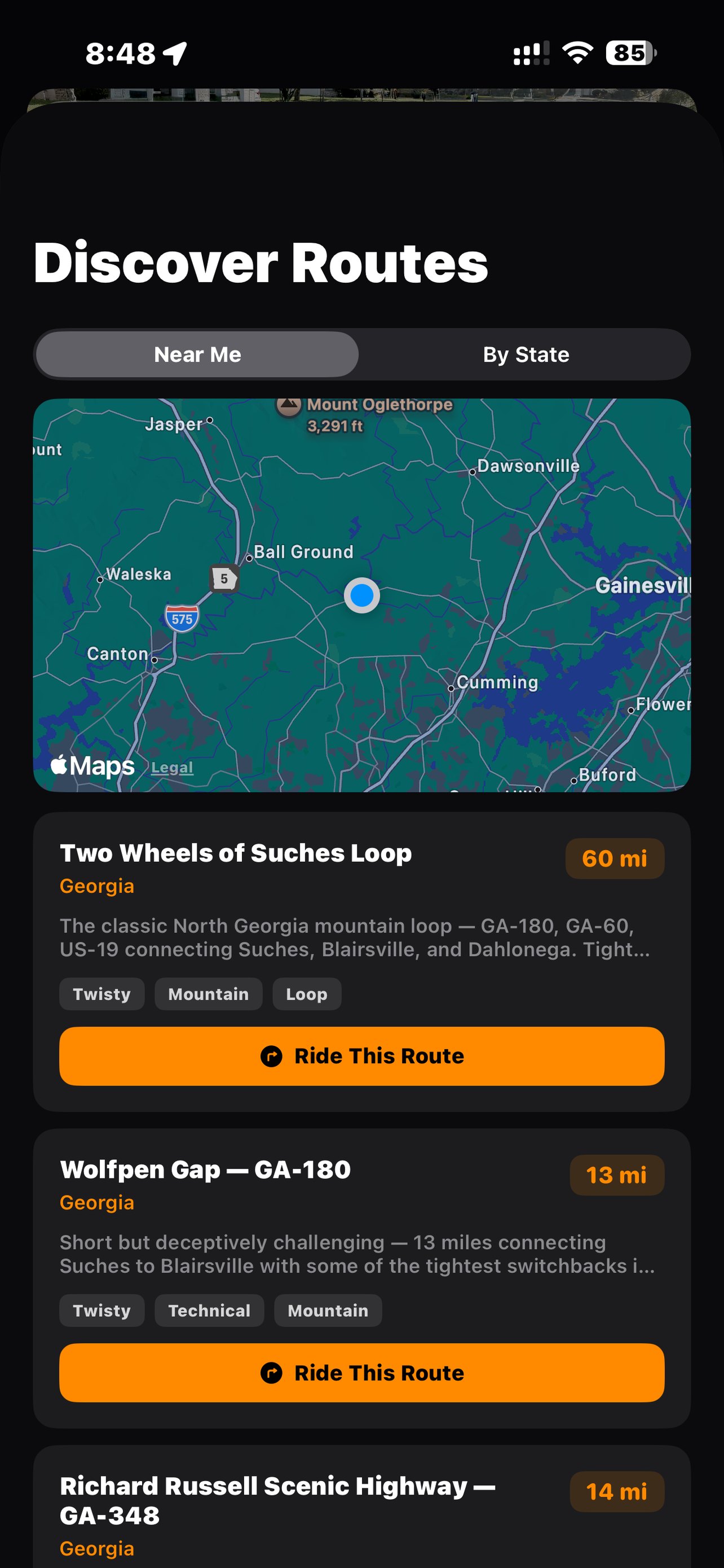 Discover Routes showing curated North Georgia motorcycle roads