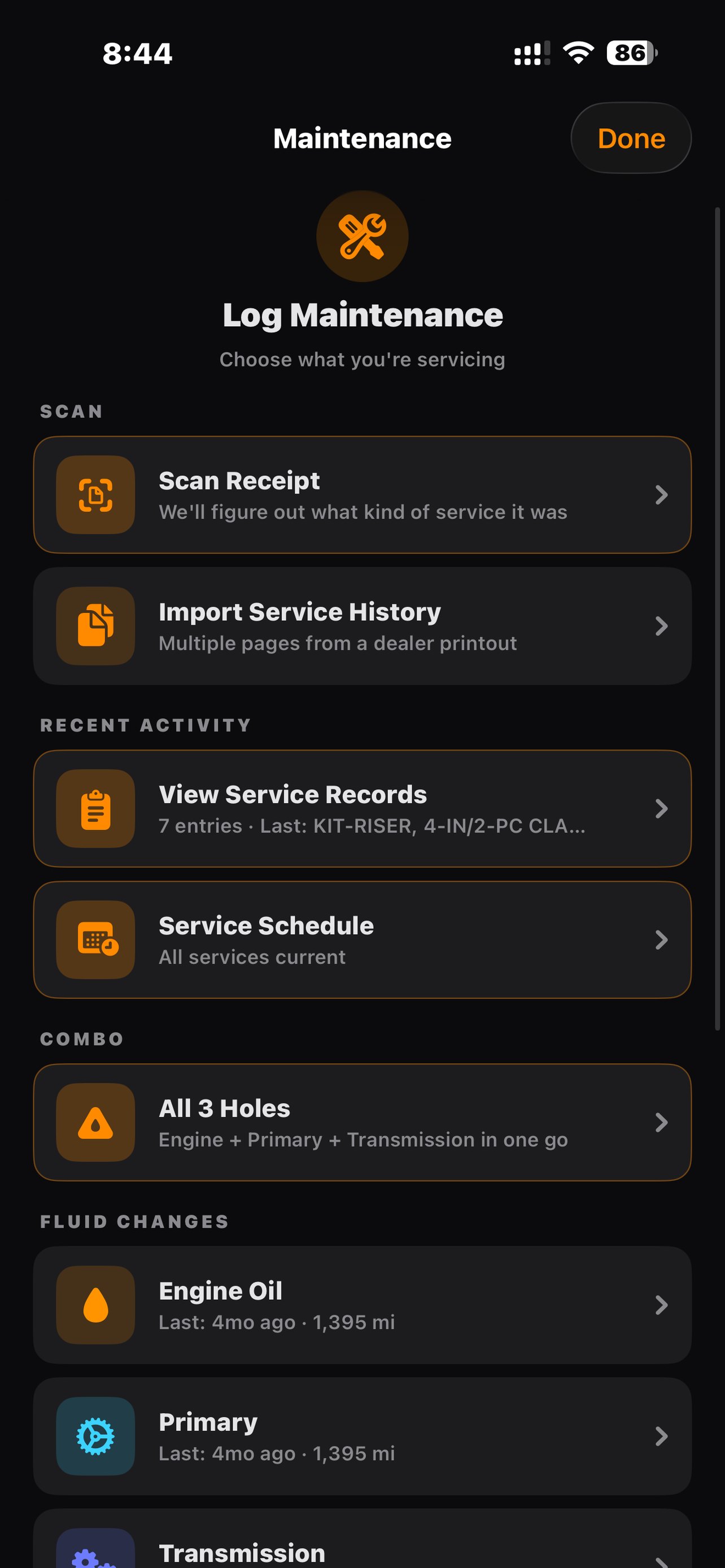 Maintenance hub: All 3 Holes combo, fluid changes with last-service stamps, wear items