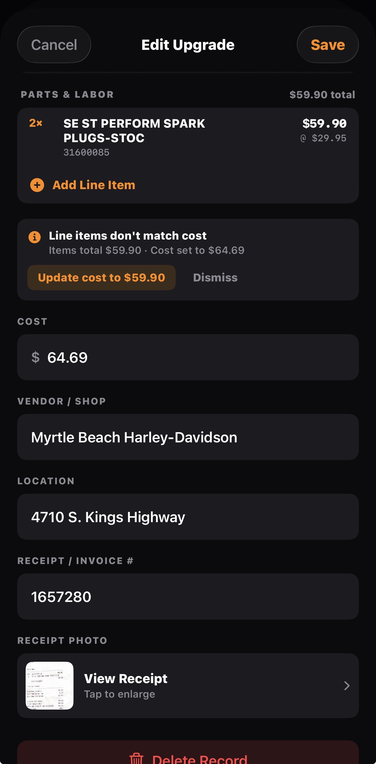 A parsed receipt with line items and the cost-mismatch nudge