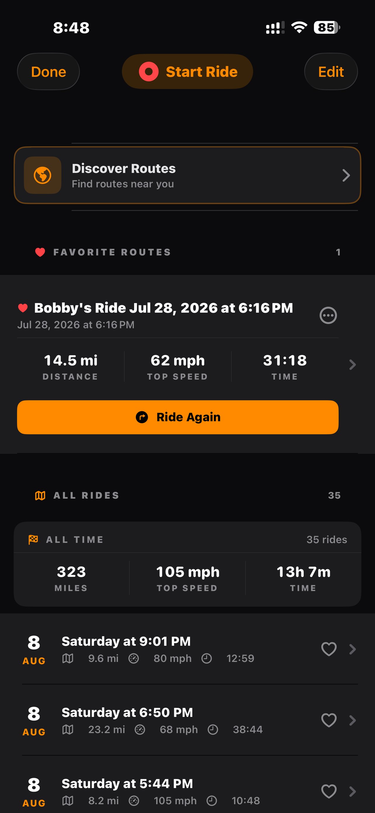 The Rides list with all-time stats, ride history, and the Discover Routes entry