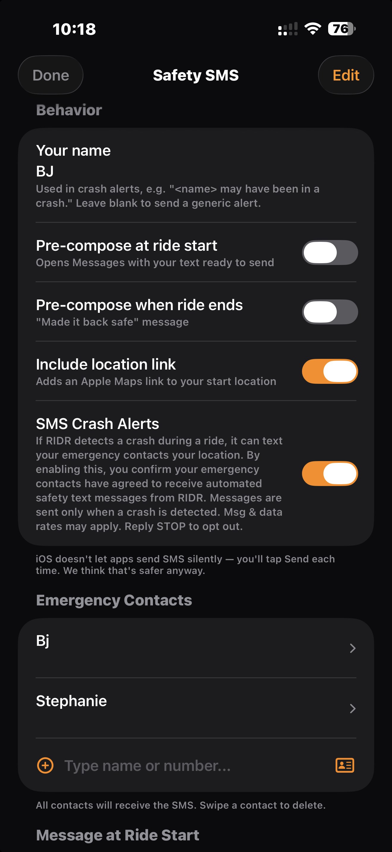 Safety SMS settings with crash alerts and emergency contacts