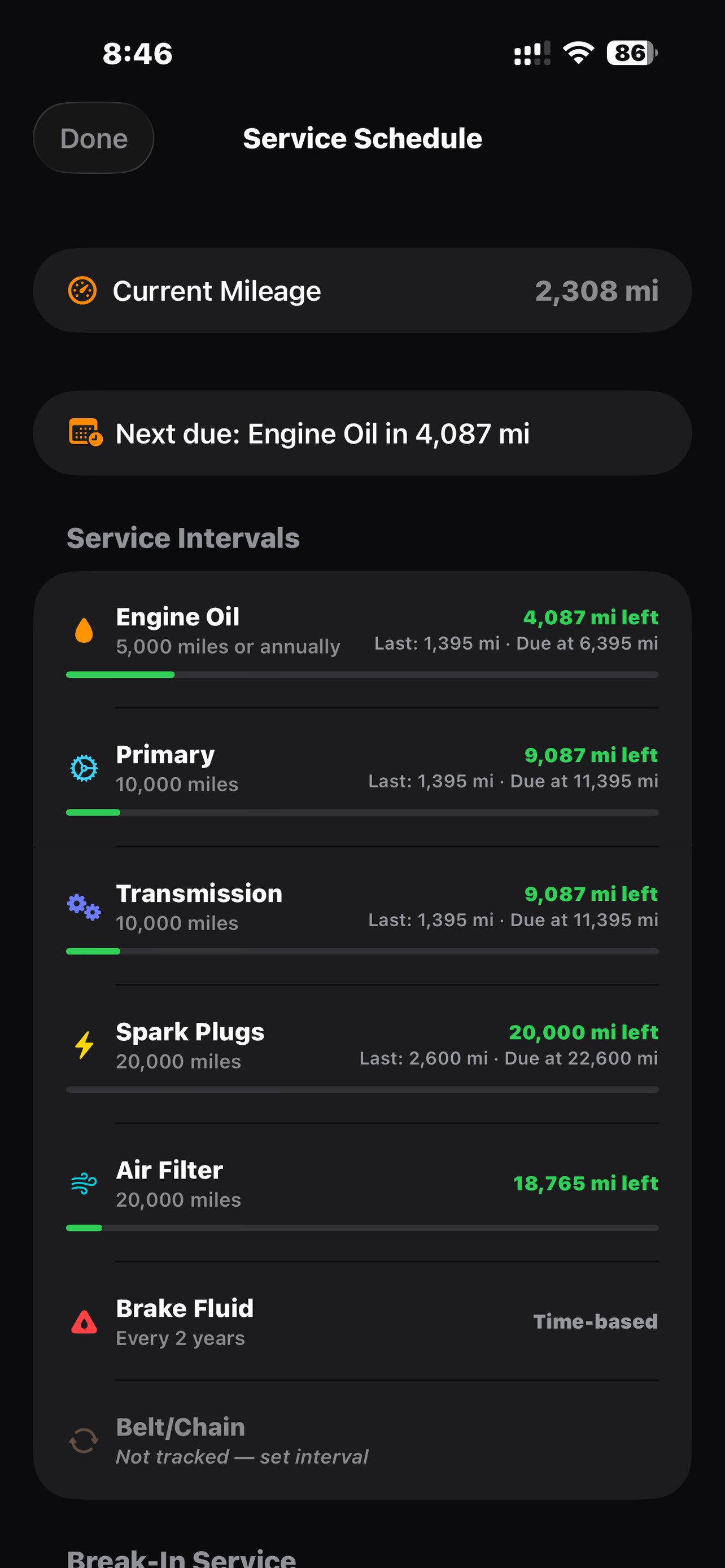 Service Schedule with per-item intervals and miles remaining
