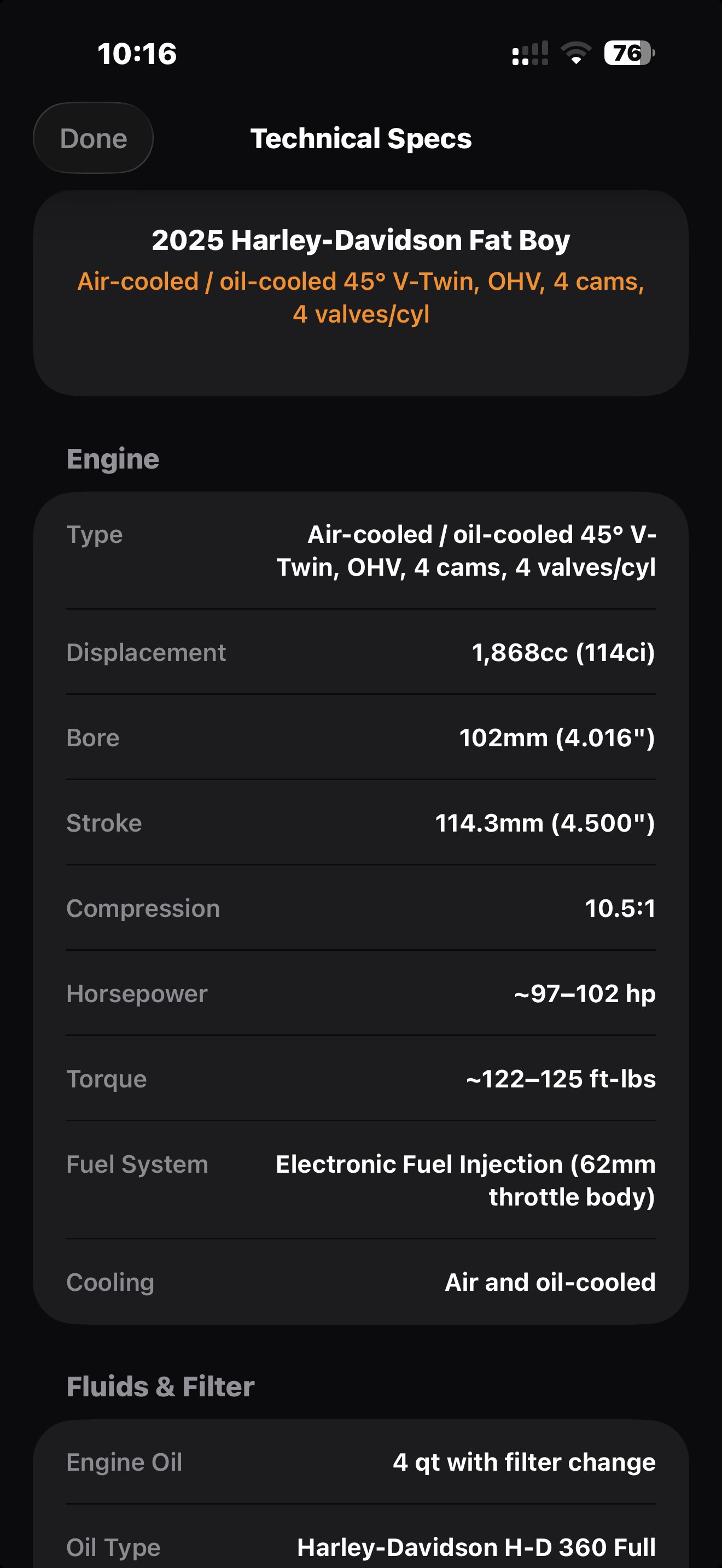 Technical specs for a 2025 Fat Boy: engine details and fluid capacities