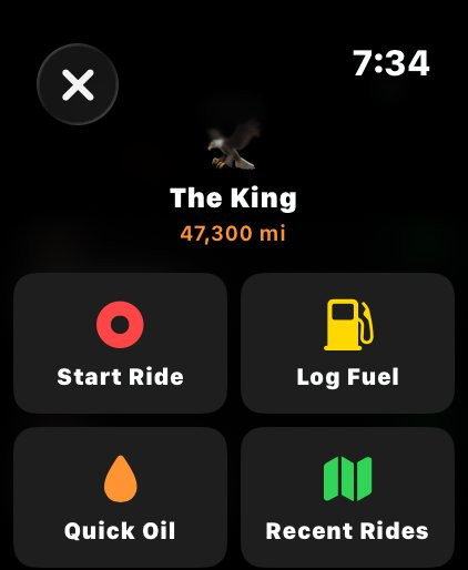 RIDR watch app: Start Ride, Log Fuel, Quick Oil