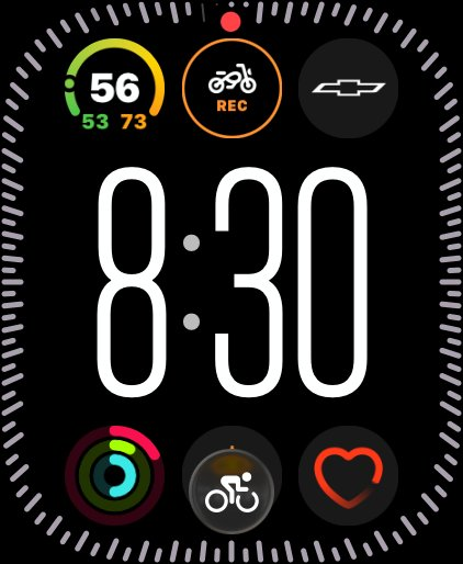 Watch face with the RIDR complication showing REC during a ride
