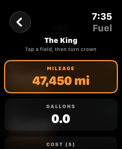Fuel entry on the watch with mileage and gallons