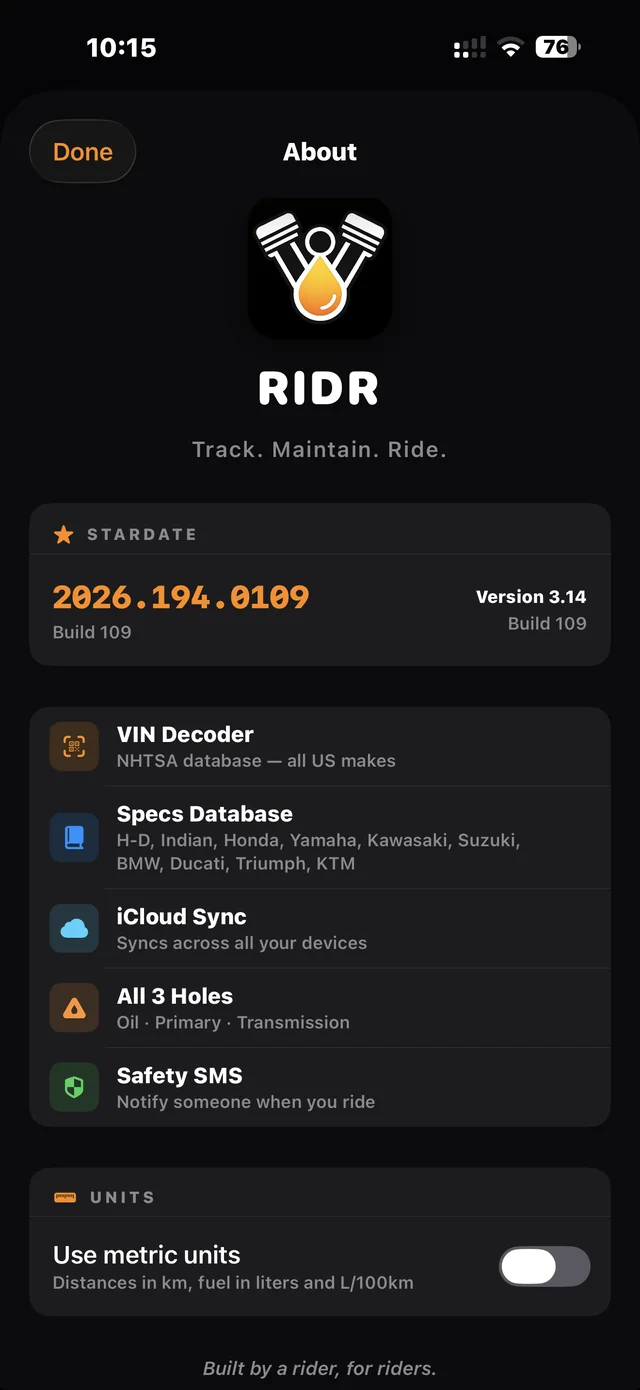 About RIDR: version 3.14, VIN decoder, specs database, iCloud sync, All 3 Holes