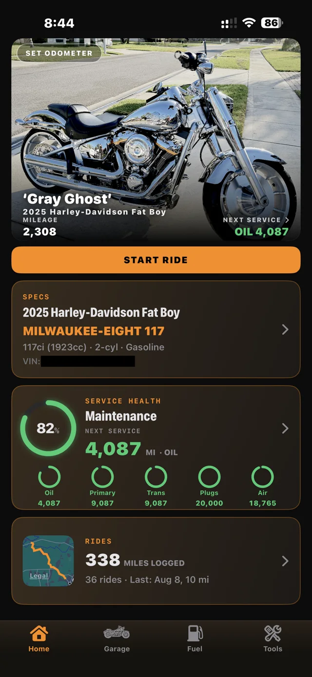 RIDR dashboard: the Gray Ghost with service health ring, quick stats, and ride map