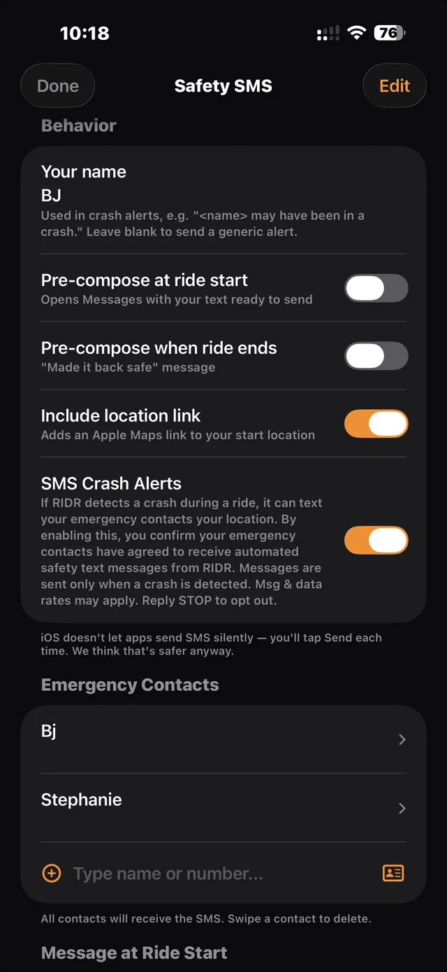Safety SMS settings: crash alerts and emergency contacts