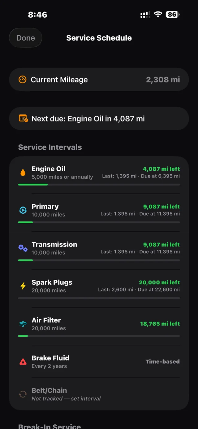 Service schedule: per-item intervals with miles remaining for oil, primary, transmission, plugs