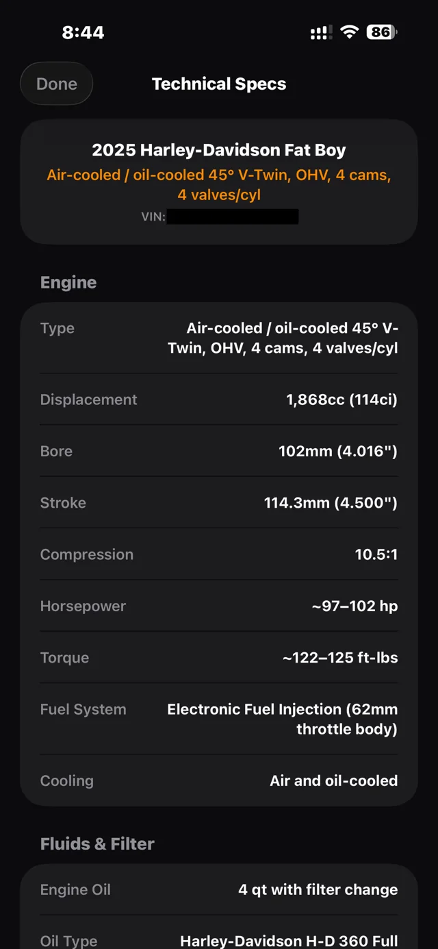 Technical specs for a 2025 Fat Boy: displacement, bore, stroke, compression, torque